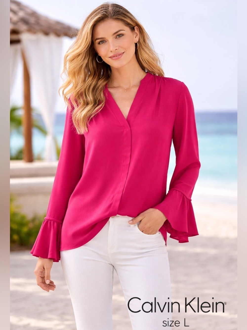 Calvin Klein fuchsia Blouse with Bell Sleeves and Mandarin Collar/size L